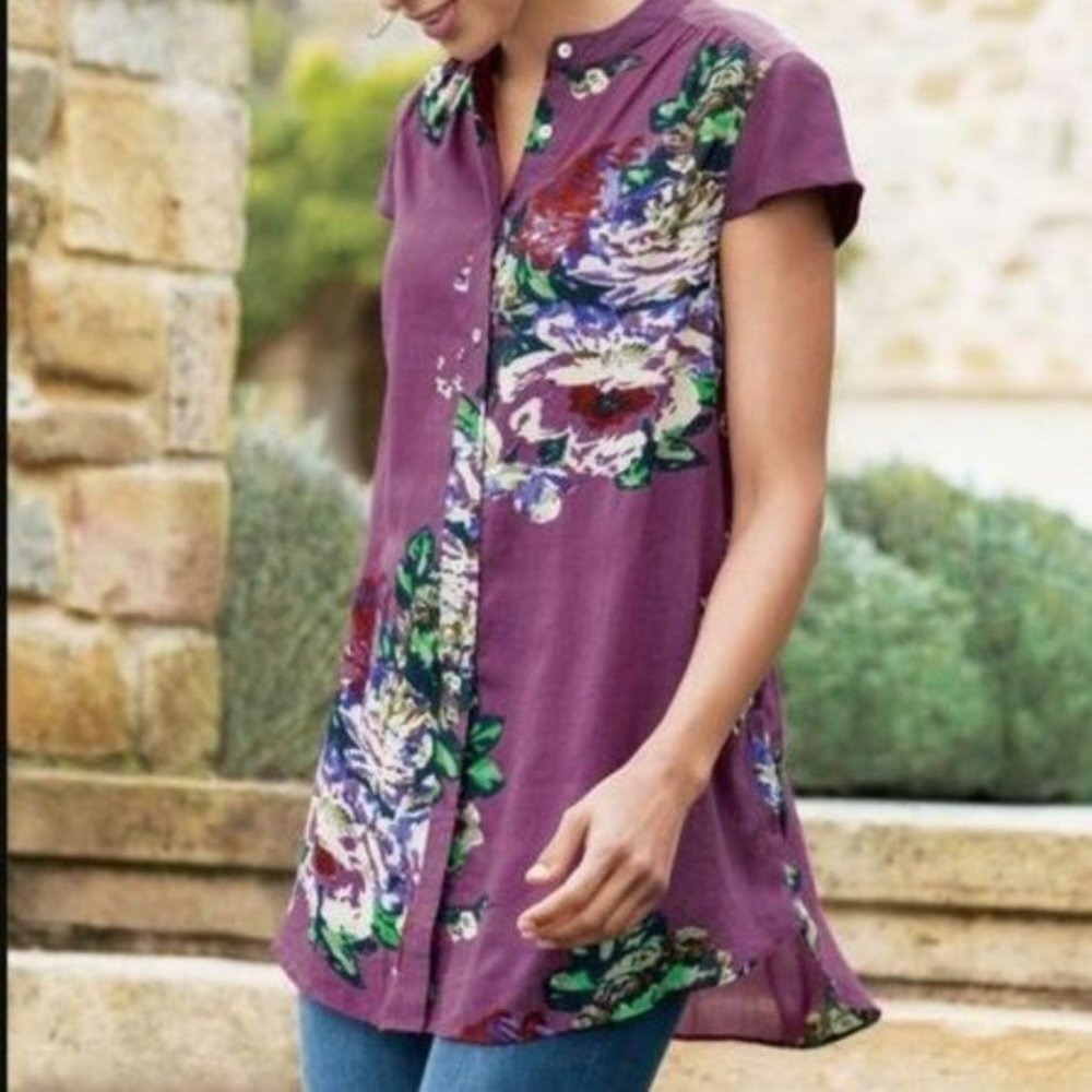 Soft Surroundings Bouquet Of Roses Tunic Petite M 100% Cotton Contrast 100% Silk